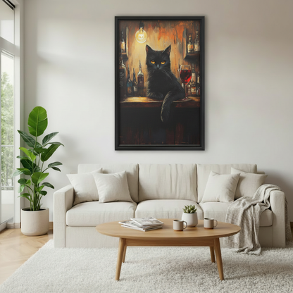 Framed gothic black cat canvas wall art above a cream sofa in a cozy living room