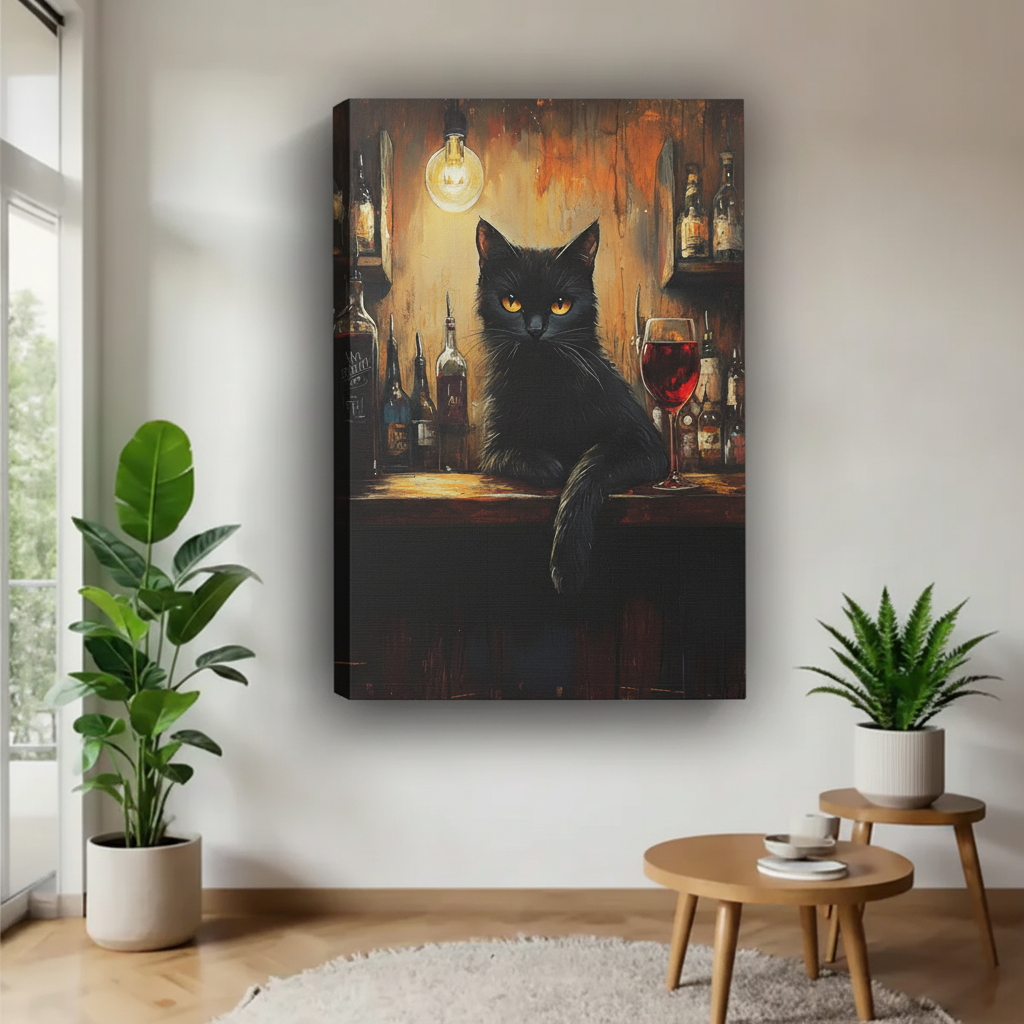 Gallery wrap gothic black cat canvas wall art displayed between plants in a modern room