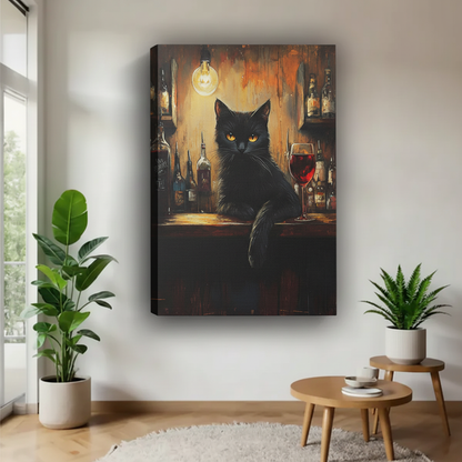 Gallery wrap gothic black cat canvas wall art displayed between plants in a modern room