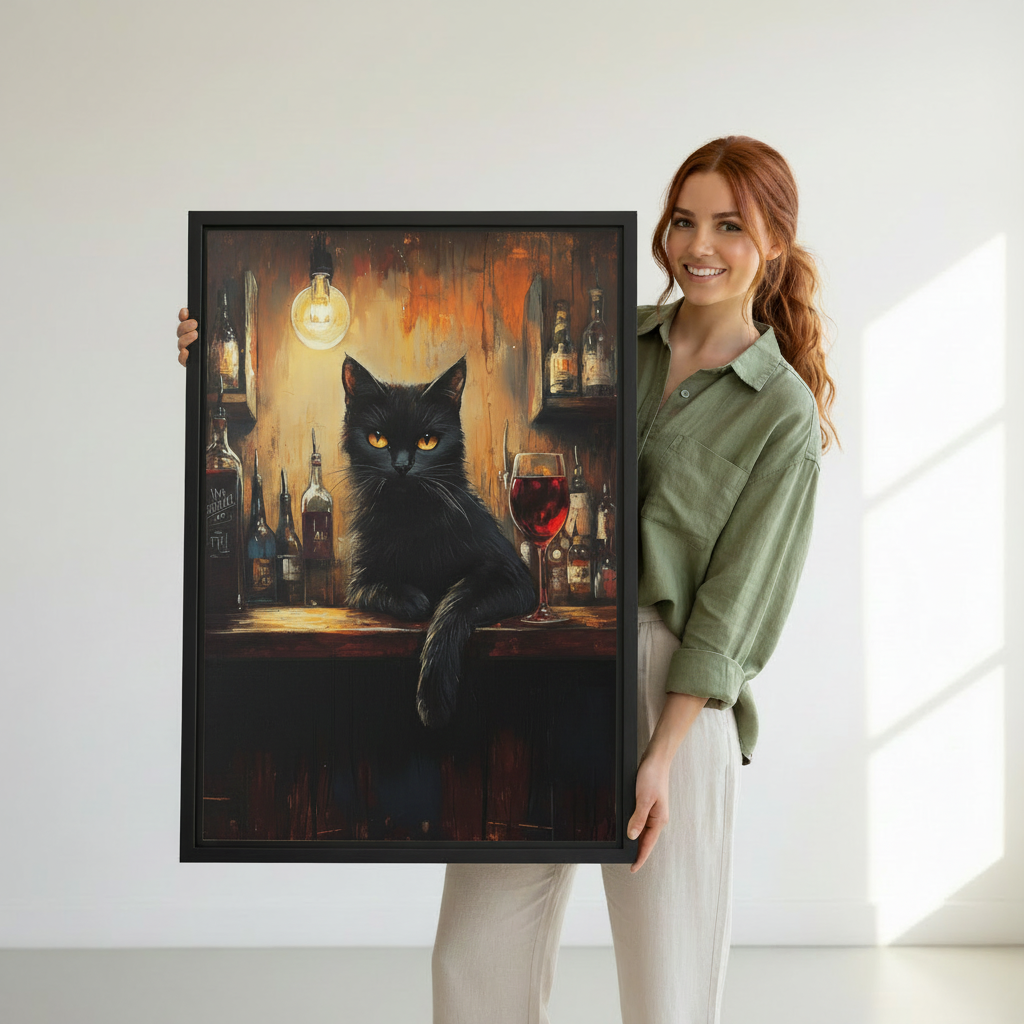 Woman holding framed gothic black cat canvas wall art with a glowing bar scene