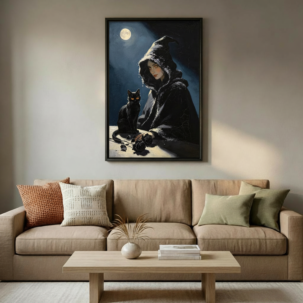Gothic woman and black cat framed art displayed above a beige sofa in a modern living room