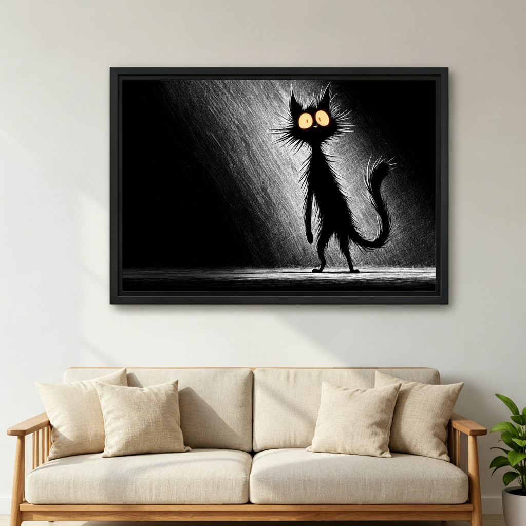 Dark cartoon black cat sketch framed print above linen sofa, moody gothic wall art for modern living room