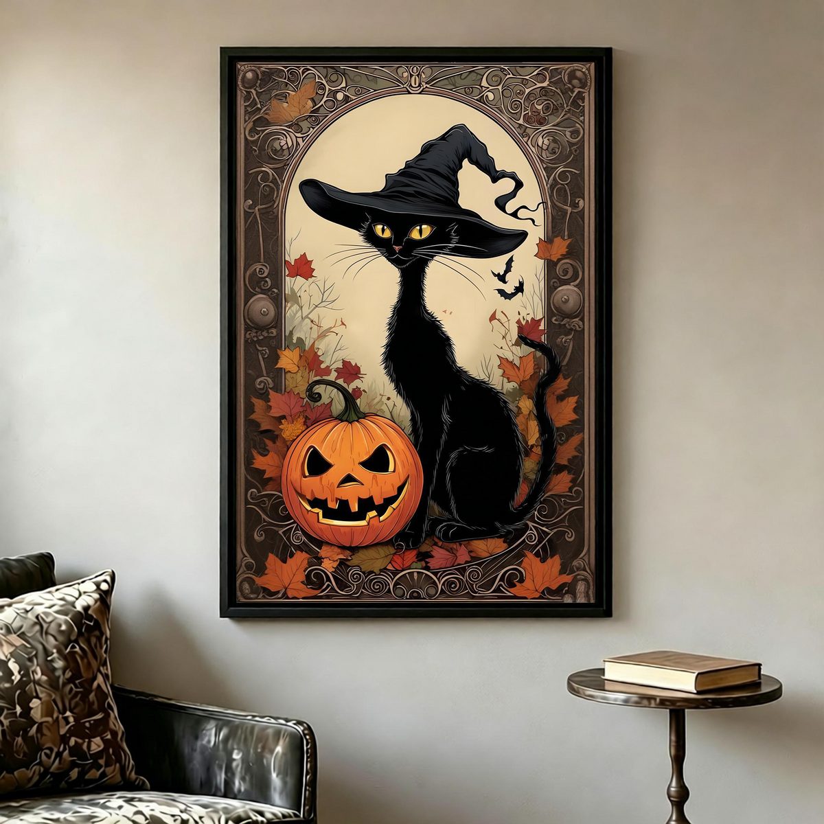 Gothic illustration of a black cat in a witch hat beside a glowing jack-o-lantern, black floater framed canvas wall art above dark leather sofa