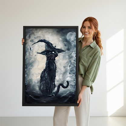 Gothic black witch cat canvas wall art in a black frame beside a rattan bed with terracotta bedding.