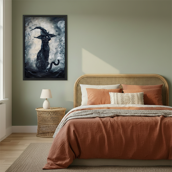 Black framed gothic witch cat canvas wall art displayed between green houseplants above small wooden tables.