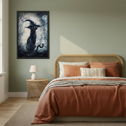 Black framed gothic witch cat canvas wall art displayed between green houseplants above small wooden tables.