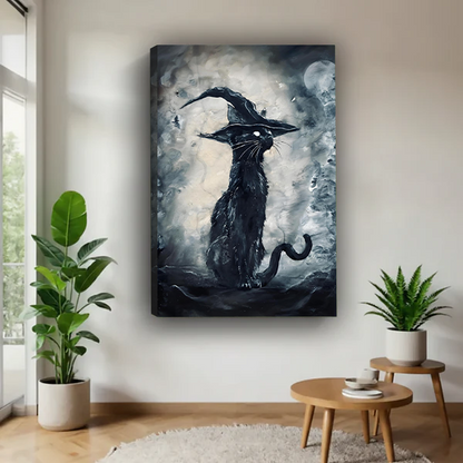 Framed gothic black witch cat canvas wall art with moonlit mist displayed above a cream living room sofa.