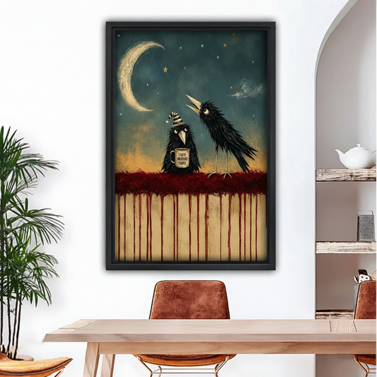 Funny crow I hate morning people framed print on white wall in modern dining room with arch doorway