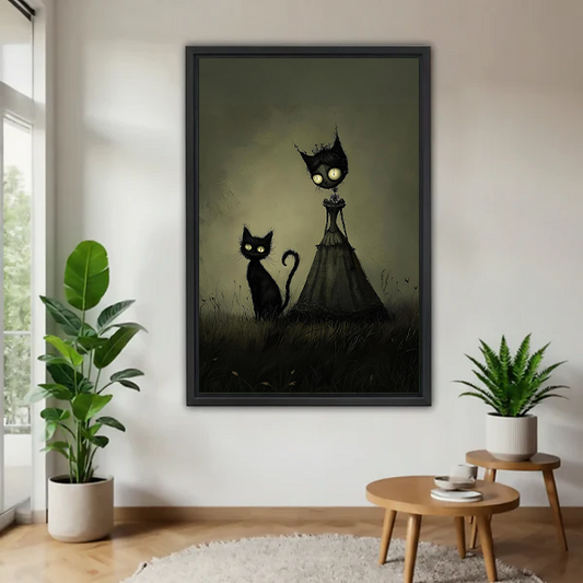 Gothic dark fantasy black cat girl canvas wall art in black floating frame displayed in bright living room with plants