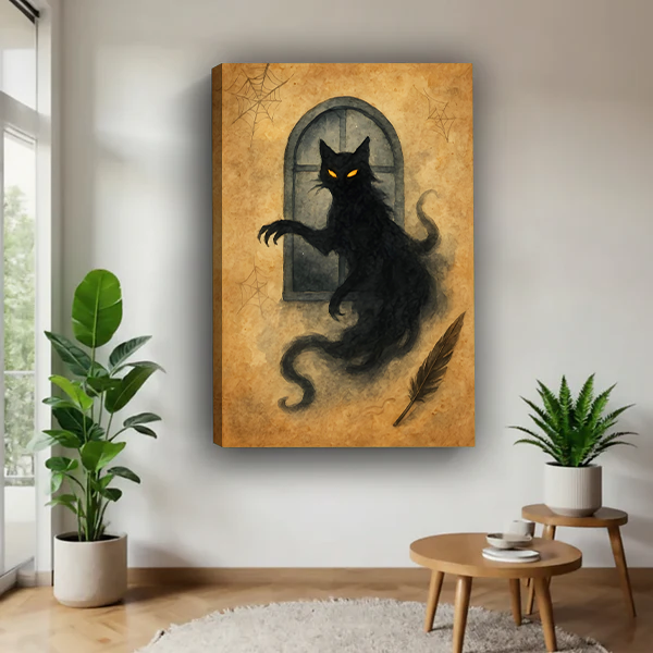 Gothic ghost black cat canvas print without frame floating on white wall in modern living room setting