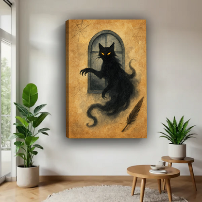 Gothic ghost black cat canvas print without frame floating on white wall in modern living room setting