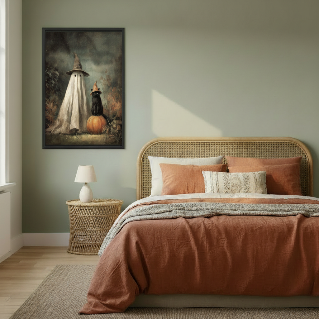 Framed gothic ghost and black cat canvas wall art displayed above a warm-toned bedroom.