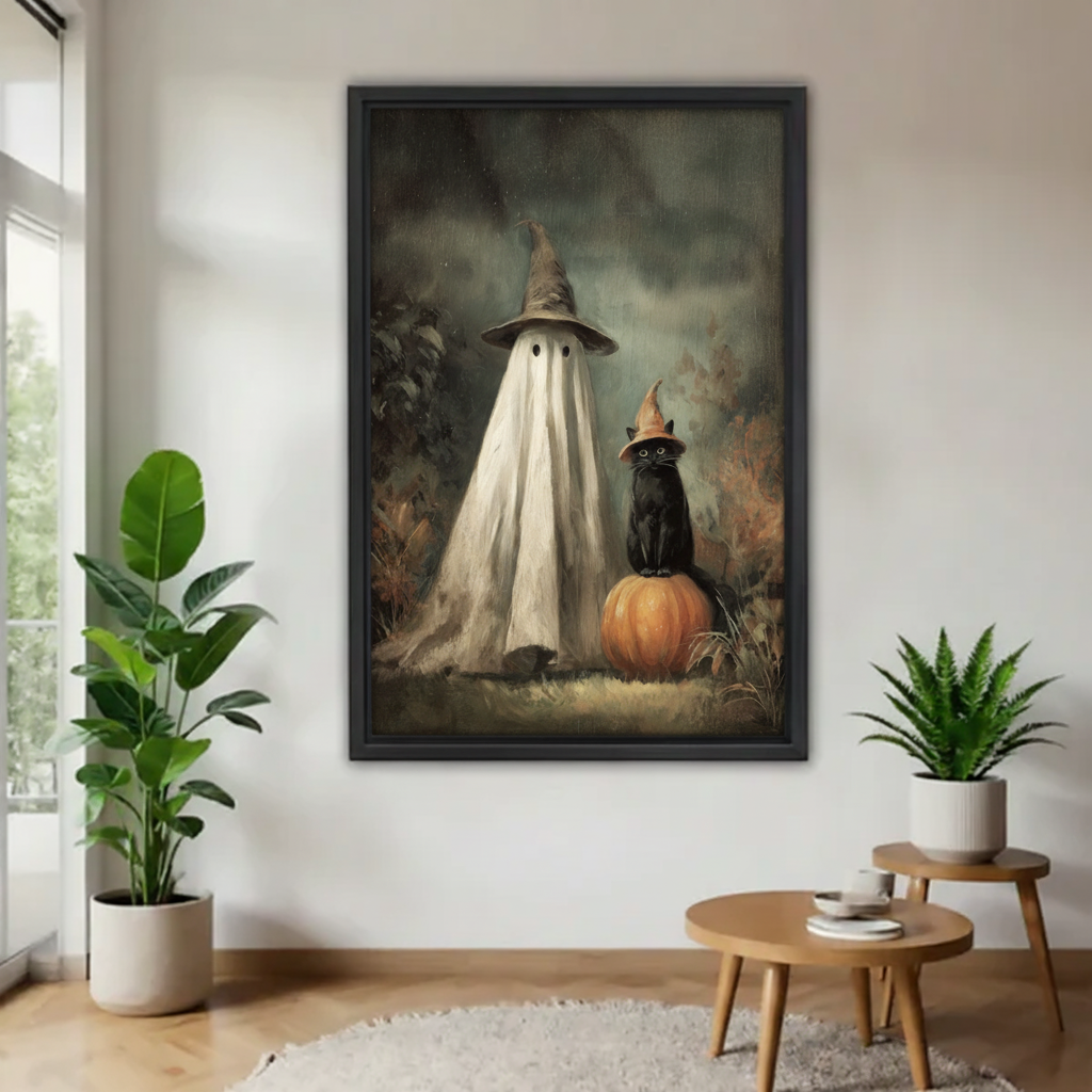 Framed gothic ghost and black cat canvas wall art displayed between two indoor plants.