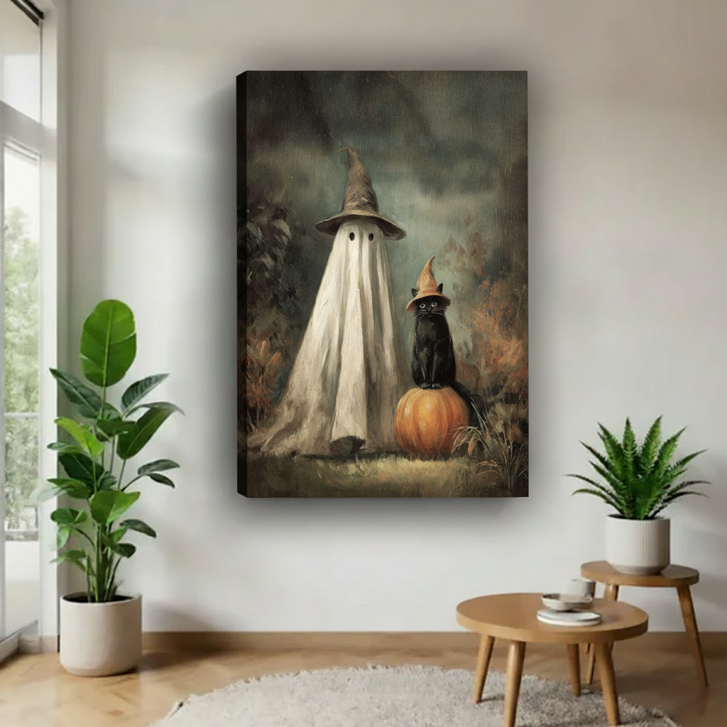 Gothic ghost and black cat canvas wall art shown as a gallery-wrap canvas in a bright room.