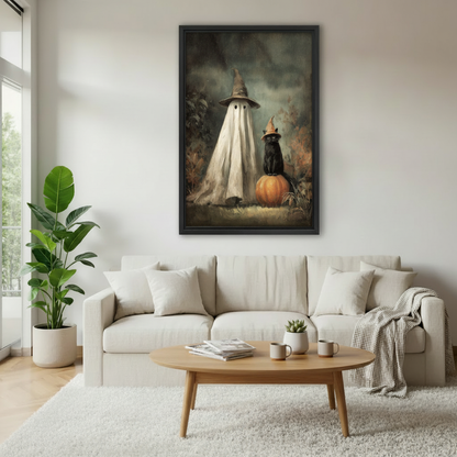 Gothic ghost and black cat canvas wall art displayed above a neutral sofa in a modern living room.