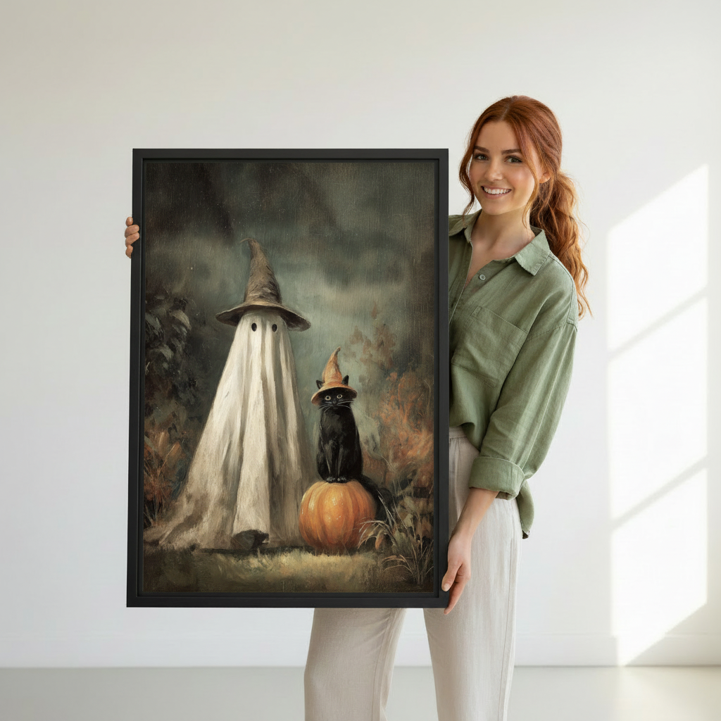Gothic ghost and black cat canvas wall art held by a woman to show its framed scale.