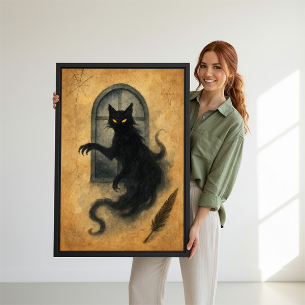 Smiling woman holding gothic ghost black cat framed art print showing size reference on white studio background