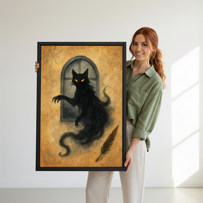 Smiling woman holding gothic ghost black cat framed art print showing size reference on white studio background