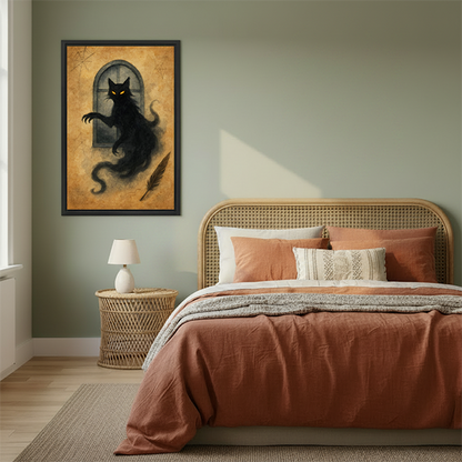 Gothic ghost black cat framed canvas art on sage green bedroom wall above rattan headboard with warm terracotta bedding