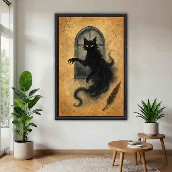 Gothic ghost black cat with glowing eyes framed canvas wall art with black frame in bright living room with plants