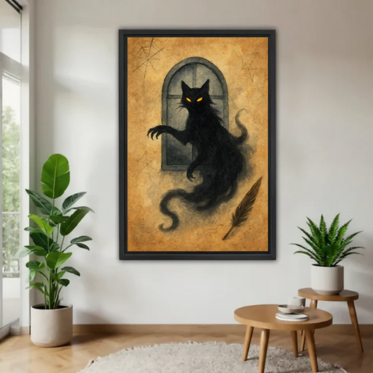Gothic ghost black cat with glowing eyes framed canvas wall art with black frame in bright living room with plants