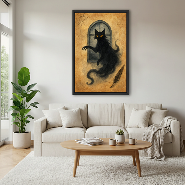 Gothic ghost black cat vintage framed wall art hanging above cream sofa in Scandinavian style living room