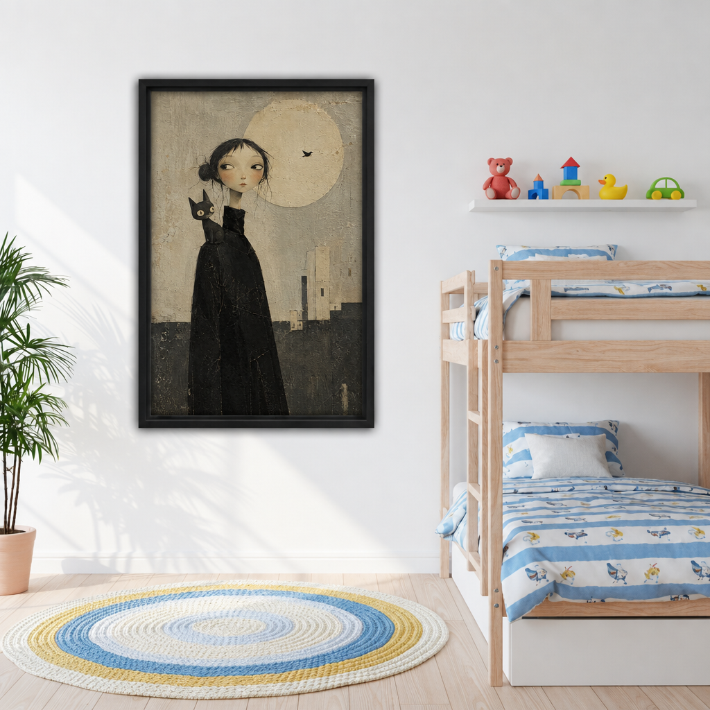 Gothic girl in black cloak with black cat on shoulder gazing at full moon over dark cityscape framed canvas beside kids bunk bed with blue striped bedding