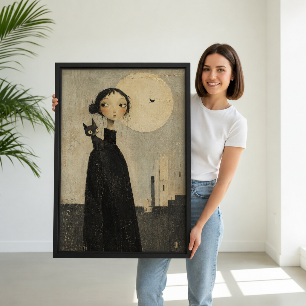 Smiling woman holding large vertical framed canvas of gothic girl in black cloak with black cat on shoulder before a glowing full moon and dark city background