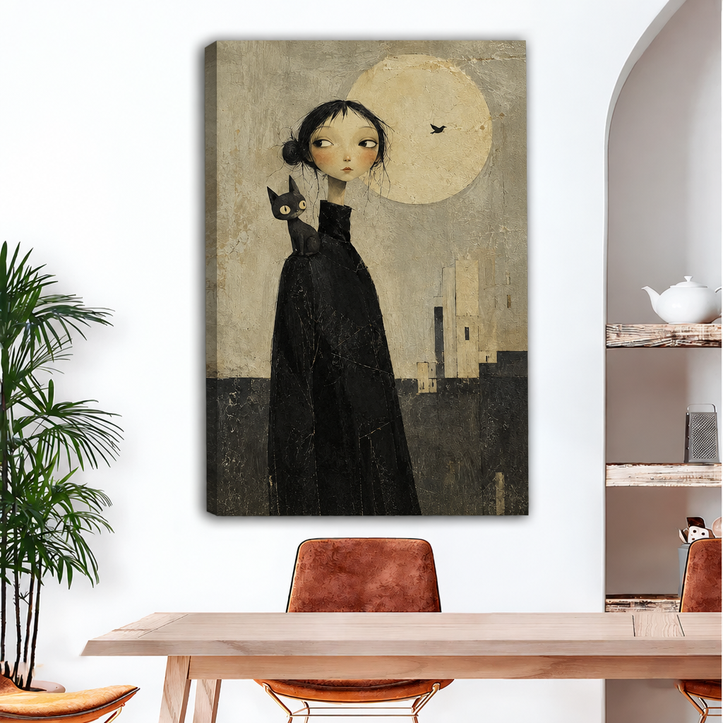 Frameless gallery wrap canvas of gothic girl in black cloak with black cat perched on shoulder before a large full moon and dark city silhouette above wood dining table with brown leather chairs