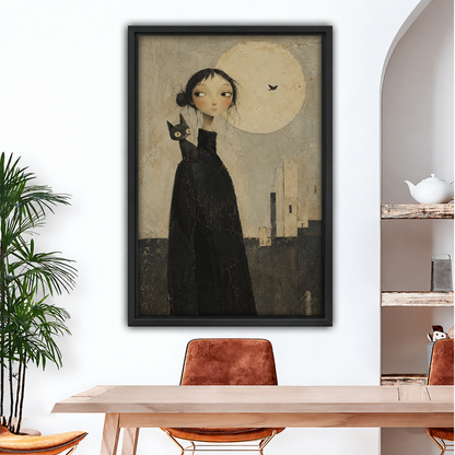 Gothic girl in long black cloak with black cat on shoulder gazing at glowing full moon over dark geometric cityscape framed canvas above wood dining table with brown leather chairs