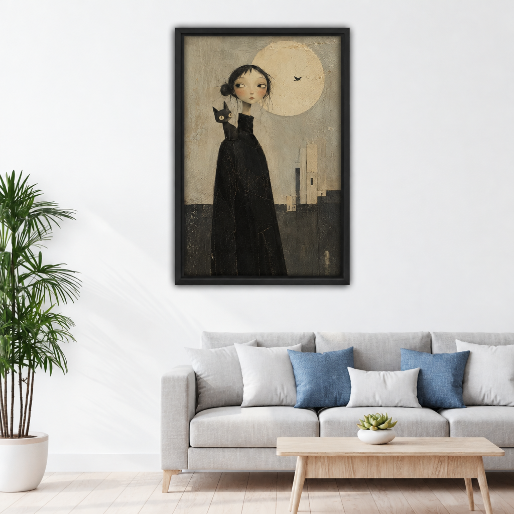 Gothic girl in black cloak holding black cat beside full moon and dark geometric cityscape framed canvas above grey sofa with blue pillows and wood coffee table