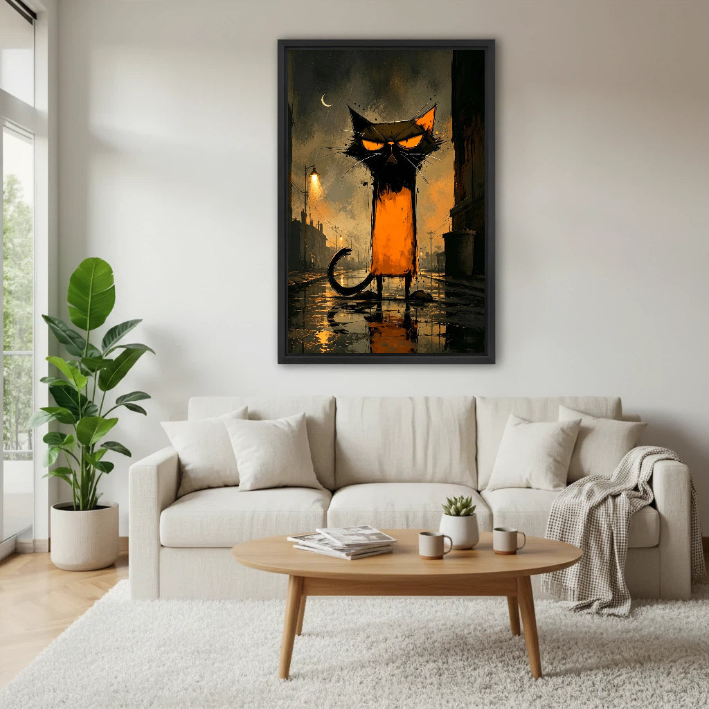 Dark moody grumpy cat framed canvas wall art above cream sofa in bright Scandinavian living room with coffee table
