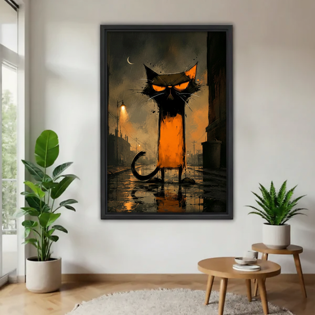 Gothic grumpy night cat framed canvas wall art on white wall between two potted plants and round side table