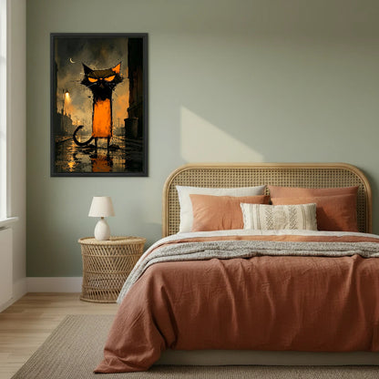 Gothic grumpy night cat framed canvas wall art on sage green bedroom wall above rattan bed with terracotta bedding
