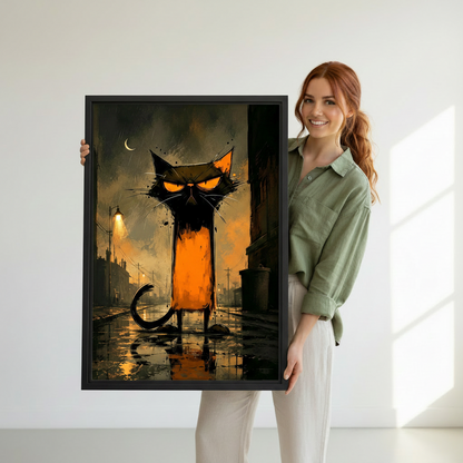 Woman holding framed gothic grumpy night cat canvas wall art showing size reference in white studio