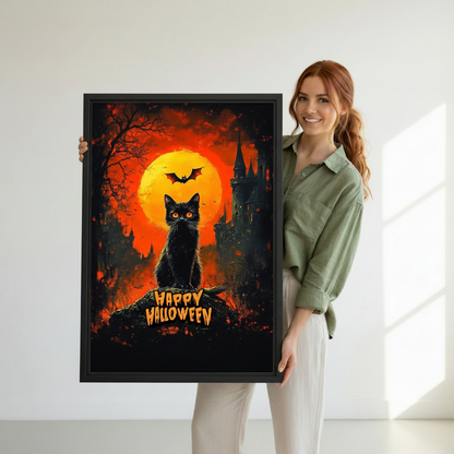 Woman holding gothic Halloween cat canvas wall art in a black frame to show its scale and detail.