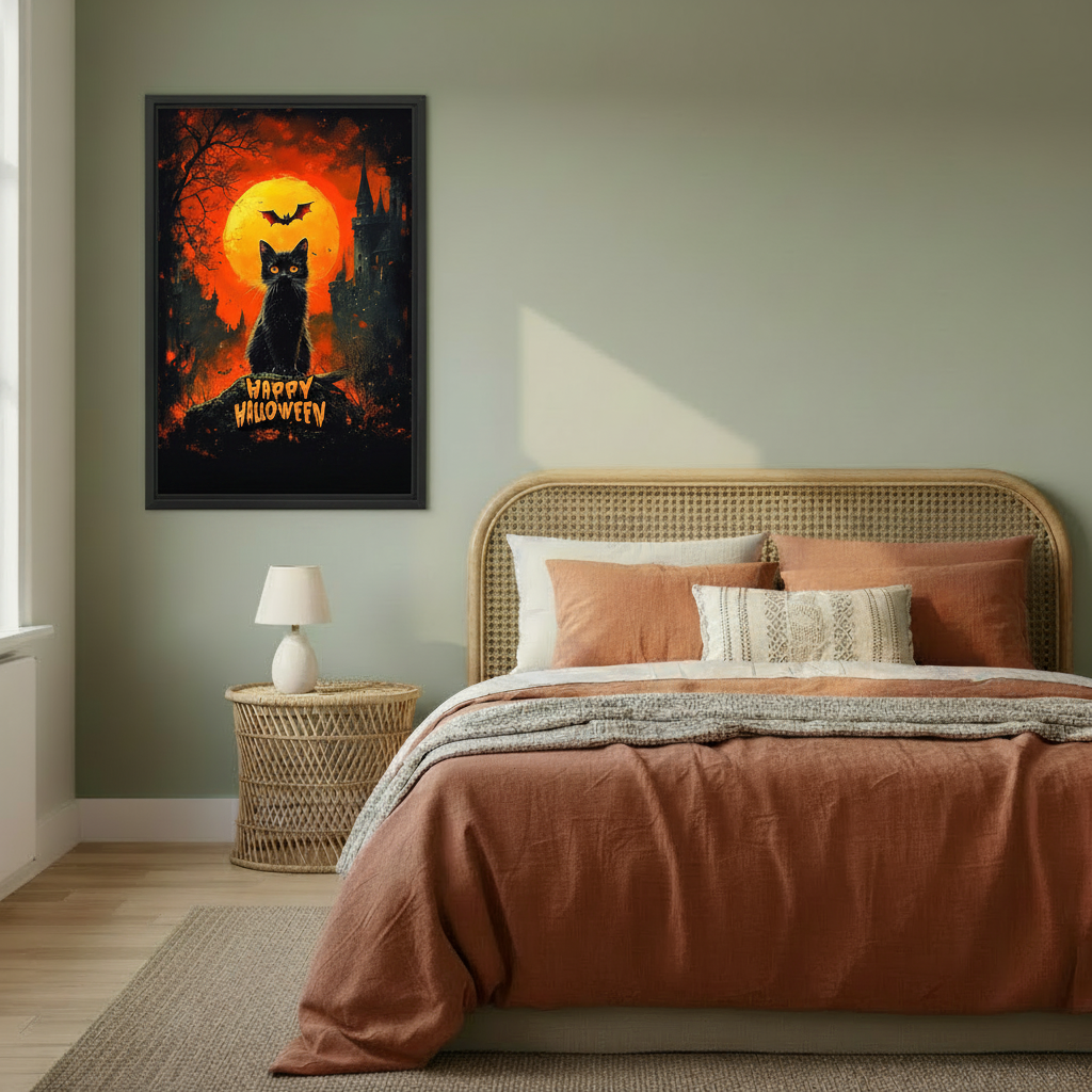 Gothic Halloween cat canvas wall art in a black frame displayed above a bed in a cozy bedroom.