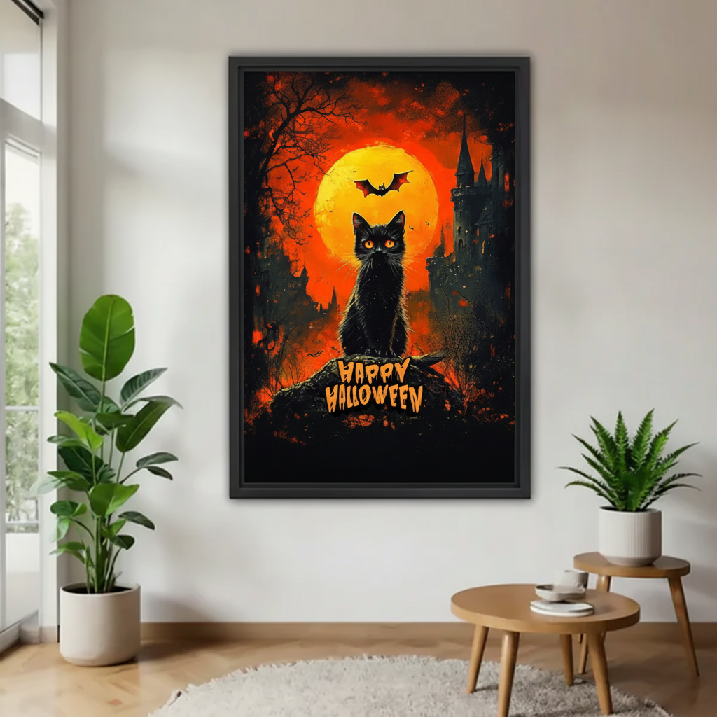 Gothic Halloween cat canvas wall art in a black frame displayed above a modern living room console.