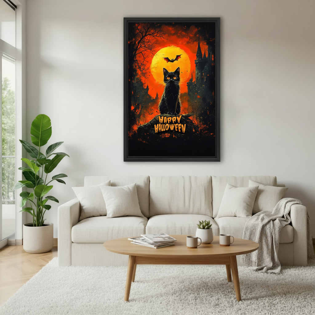 Gothic Halloween cat canvas wall art framed above a neutral sofa in a bright modern living room.