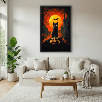 Gothic Halloween cat canvas wall art framed above a neutral sofa in a bright modern living room.