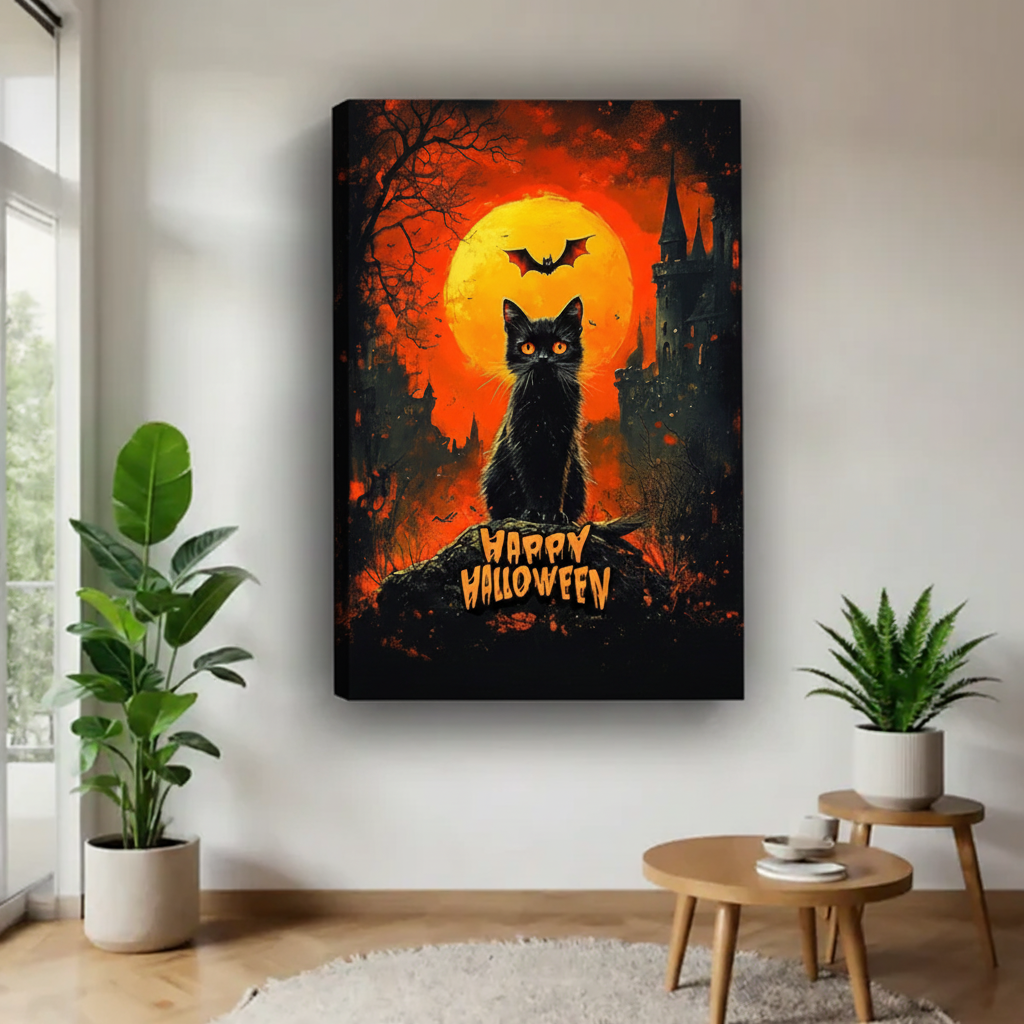 Gothic Halloween cat canvas wall art shown as a deep gallery-wrap canvas in a bright living room.