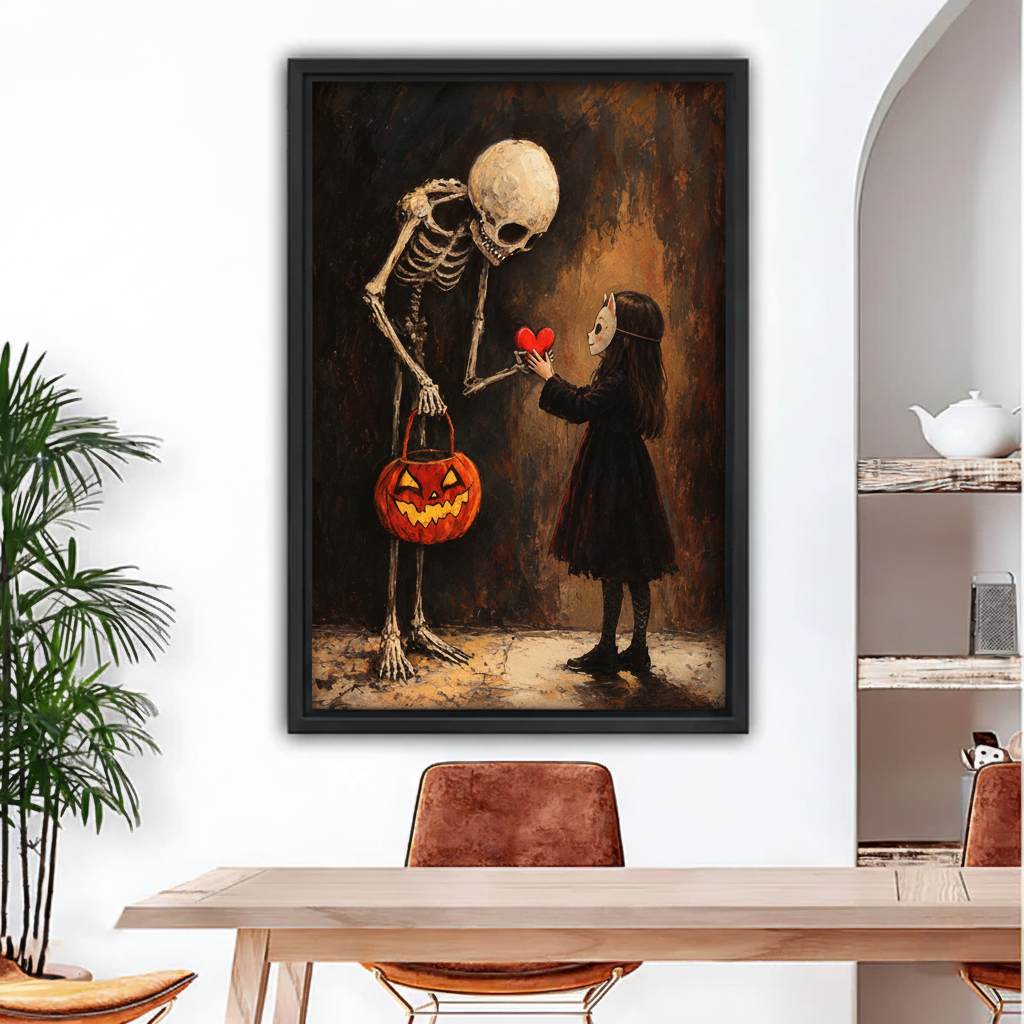 Gothic Halloween canvas wall art showing a skeleton offering a red heart to a masked child beside a pumpkin bucket
