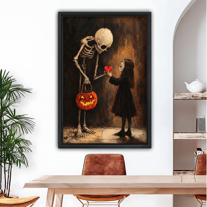 Gothic Halloween canvas wall art showing a skeleton offering a red heart to a masked child beside a pumpkin bucket