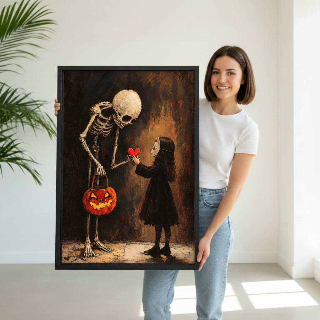 Gothic Halloween skeleton canvas wall art held by a smiling woman in a bright modern room