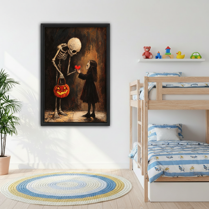 Gothic Halloween skeleton canvas wall art hanging beside a wooden bunk bed in a cheerful children's bedroom