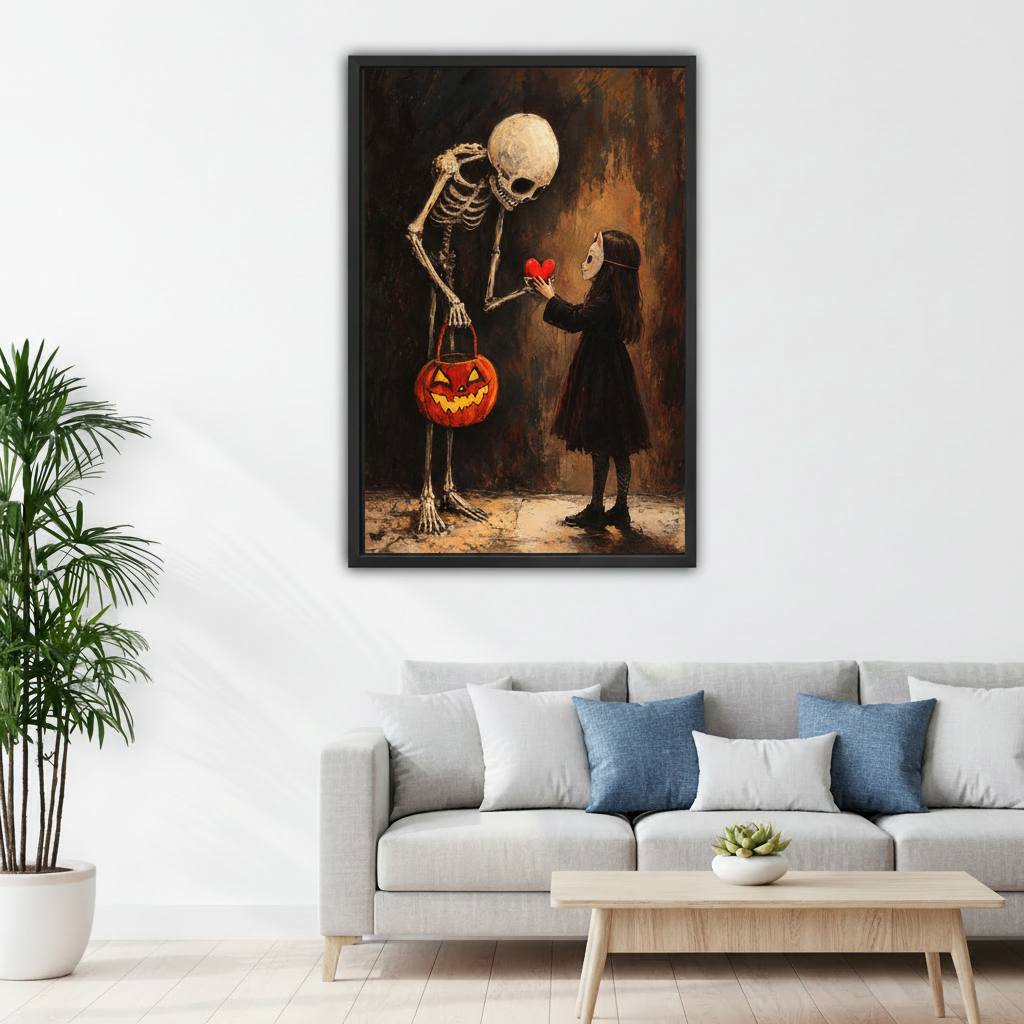 Gothic Halloween skeleton canvas wall art displayed above a white sofa in a bright living room