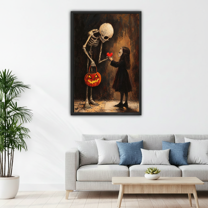 Gothic Halloween skeleton canvas wall art displayed above a white sofa in a bright living room