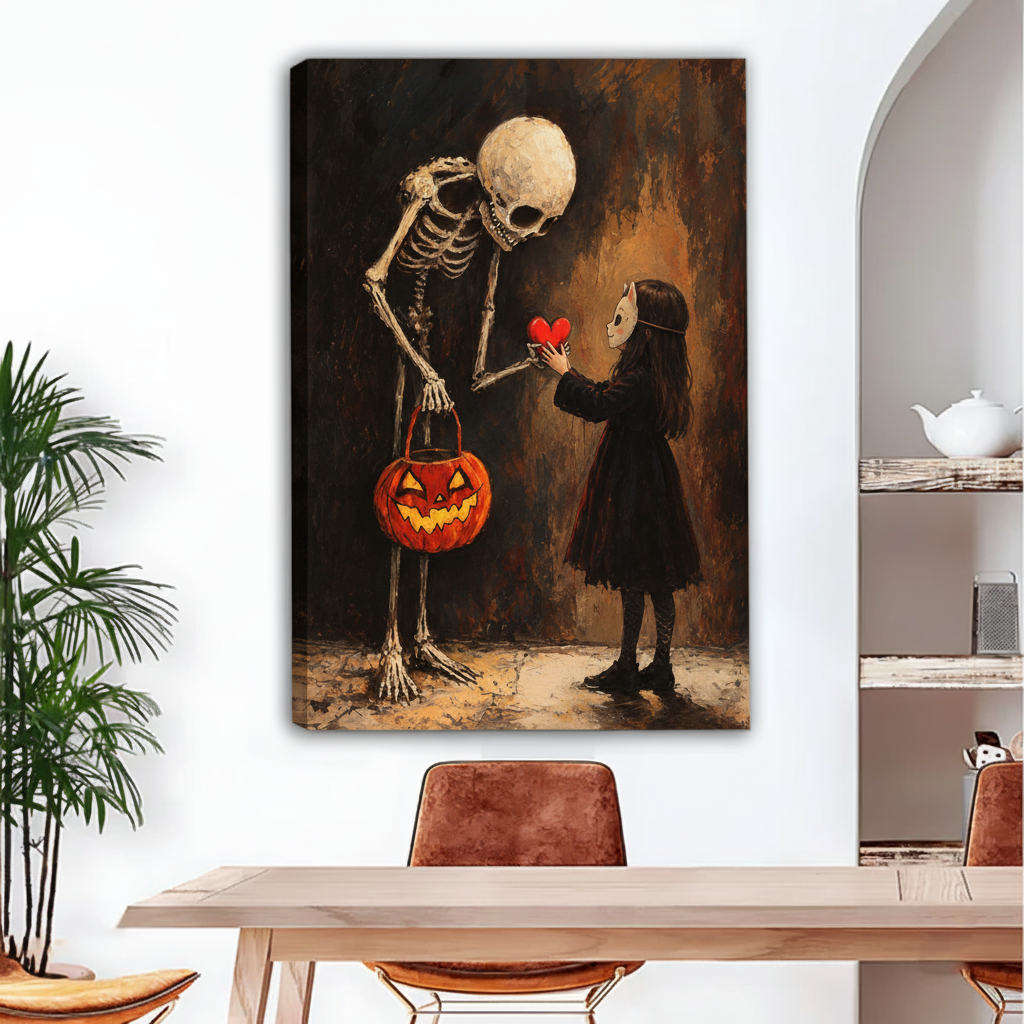 Gothic Halloween gallery-wrap canvas wall art above a dining table with visible wrapped canvas edges