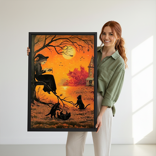Gothic Halloween witch canvas wall art in a bright room, showing a witch reading while black cats gather below