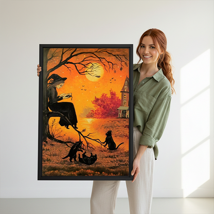 Gothic Halloween witch canvas wall art in a bright room, showing a witch reading while black cats gather below